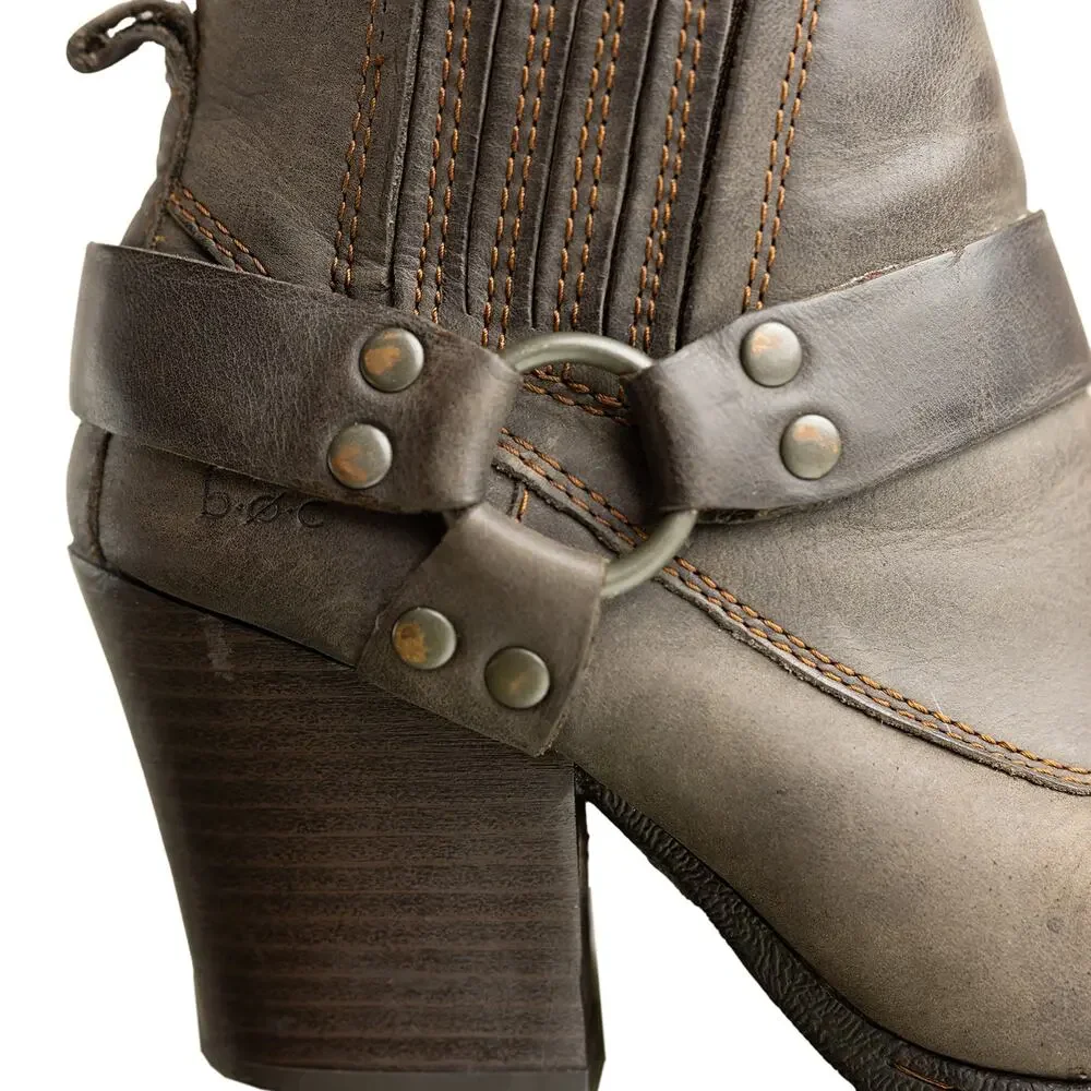 B.O.C Sasha Leather Harness Boot Distressed Gray Moto Western Style Ankle Bootie
